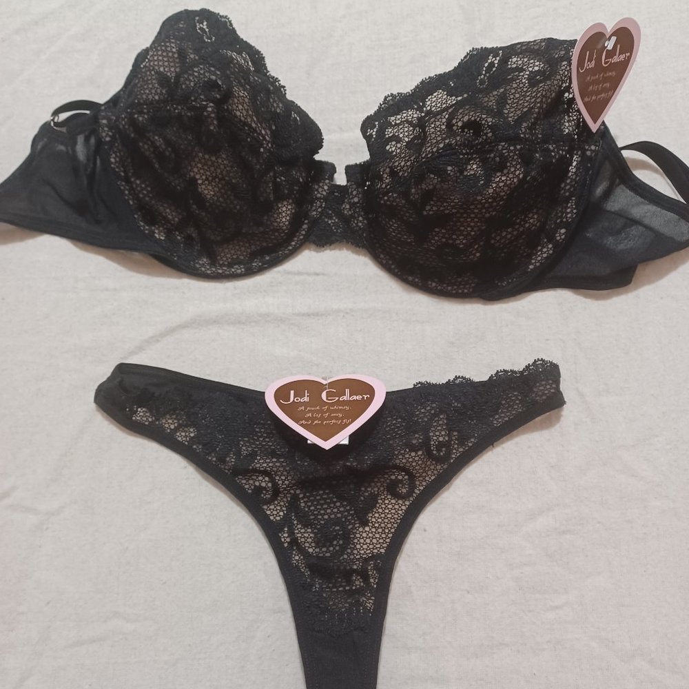 NEW Jodi Gallaer Black Lace Bra/Panty Set (sostén, sujetador, bragas, lencería)